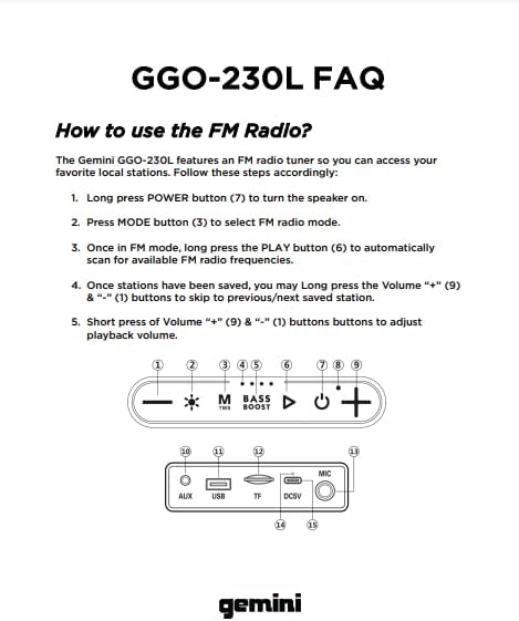Gemini Portable Bluetooth Boombox Speaker with Deep Bass, LED Party Lights, FM Radio, USB, Mic Input & 7-Hour Battery – Rechargeable Wireless Speaker for Travel, Gym, or Home Use (GGO-230L)