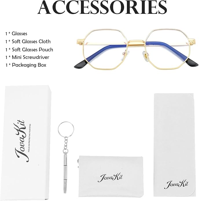 JOVAKIT Polygon Blue Light Blocking Glasses for Women Men Vintage Octagon Square Non-prescription Metal Eyeglasses