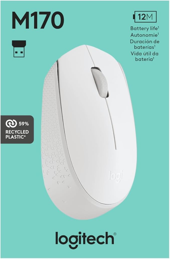 Logitech M170 Wireless Mouse for PC, Mac, Laptop, 2.4 GHz with USB Mini Receiver, Optical Tracking, 12-Months Battery Life, Ambidextrous - Off White