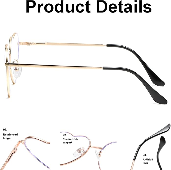 JOVAKIT Heart Shaped Blue Light Blocking Glasses for Women Fashion Vintage Lovely Style Metal Frame Eyeglasses