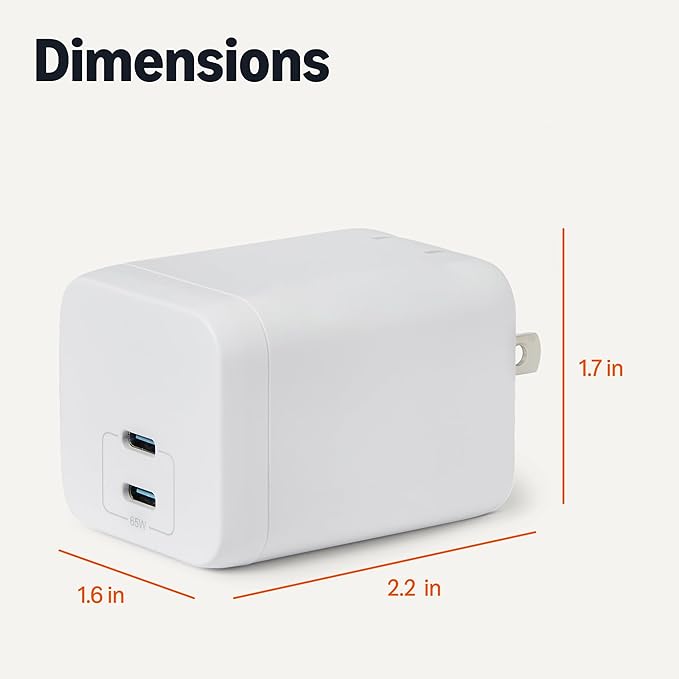 Amazon Basics Fast Charging USB C Nano GaN Wall Charger, 65W 2-Port for Laptops, Tablets, Phones, White