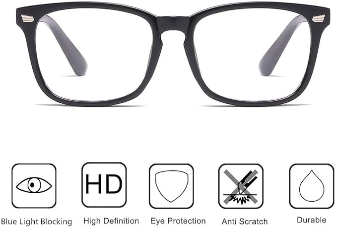Blue Light Blocking Glasses Square Nerd Eyeglasses Frame Anti Blue Ray Computer Game Glasses (8082A-Black)