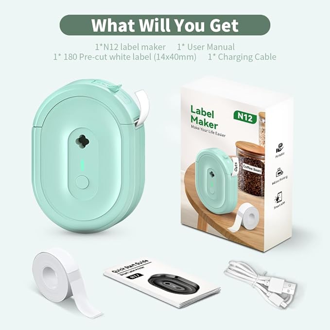 Mini Label Maker Machine with Tape, N12 Portable Thermal Printer, Bluetooth Label Maker, Sticker Printer with Multiple Templates for Small Business, Kitchen, School, Office Organization (Green)