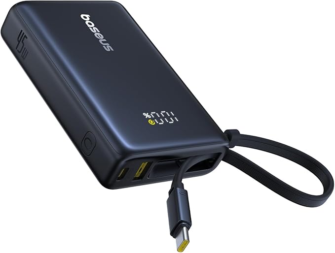 Baseus Power Bank, Picogo 10000mAh 45W 3-Output Portable Charger with Built-in USB-C Cable, PPS/PD QC Fast Charging External Battery Pack for iPhone 17/16/15/14/13, Samsung S25/S24, MacBook Pro, iPad