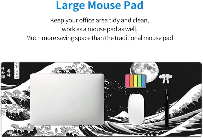 Desk Pad,Office Desk Mat 31.5"×11.8" Large Gaming Mouse Pad,Durable Extended Computer Mouse Pad,Waterproof Thick Big Mouse Pads with Non-Slip Rubber Base Office Home Japanese Black Waves