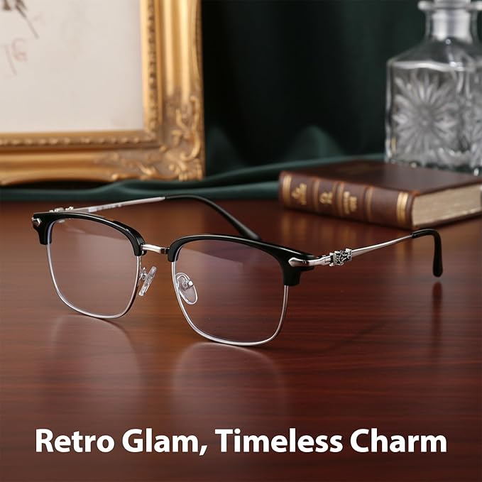 IGnaef Unisex Retro Blue Light Blocking Glasses Trendy Semi-Rimless Anti Eyestrain & UV Glare for Gaming & Reading