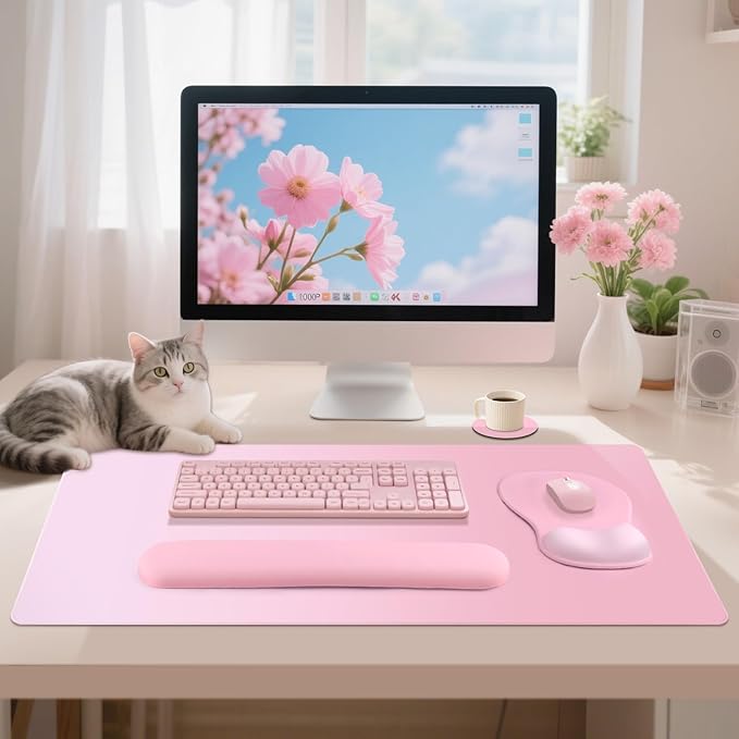 4-in-1 Large Gaming Mouse Pad, Keyboard Wrist Rest Pad & Wrist Support Mousepad Set, Extended Desk Pad Waterproof Desk Mat for Girl Women Home Office Decor Study Game 35.4×15.7 Inches I Soft Pink