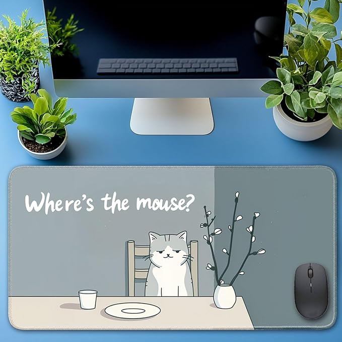 Desk Pad Protector, Office Desk Mat, Large Mouse Pad, Non-Slip Desk Blotter, 23.6x11.8 inch, Grey Cat Pattern