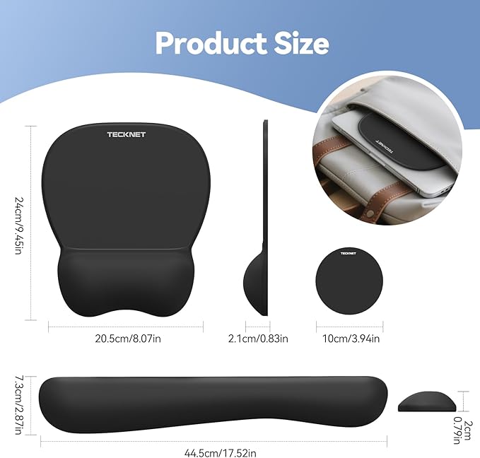 TECKNET Gel Mouse Pad with Wrist Rest, 3 in 1 Keyboard Wrist Rest for Pain Relief, Non-Slip PU Base & Easy Typing, Ergonomic Mousepad Set for Office & Home(Black)