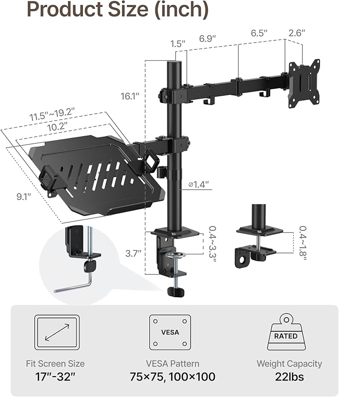 monTEK 2-in-1 Monitor Mount and Laptop Stand for Desk, Ergonomic Height Adjustable Monitor Arm Fit up to 32 inch Screen and 17 inch Laptop, Hold up to 22lbs Weight, C-Clamp and Grommet