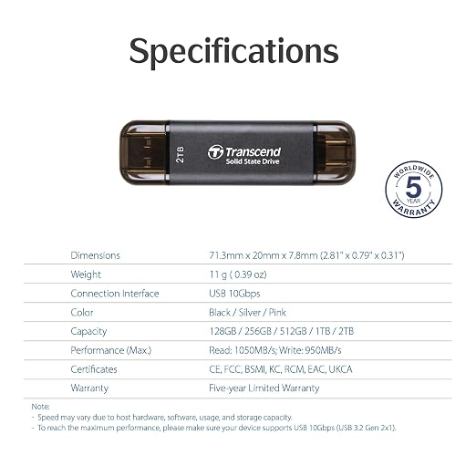 Transcend ESD310 512GB External SSD, Up to 1,050MB/s, Dual USB Flash Drive for iPhone/iPad/Mac/Windows/Android/Tablet/PC, USB3.2Gen2 Thumb Drive Photo Stick, 2-in-1 Type C &Type A Memory Stick-Silver - Image 8