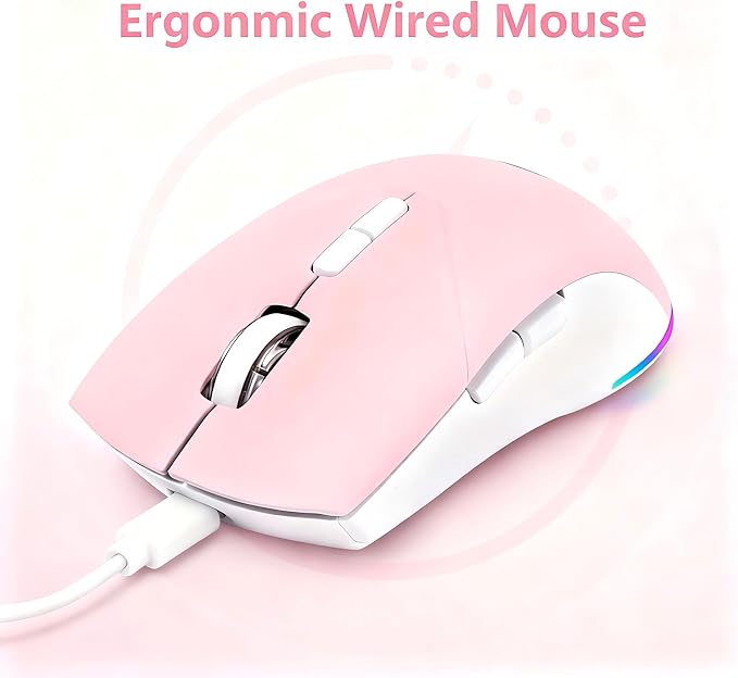 Wired Mouse, USB Computer Mouse 1600 DPI Mobile Optical Mouse Ergonomic Design Computer Mice with Cord for Laptop, PC, Desktop, MacBook, 7 Buttons (Pink)