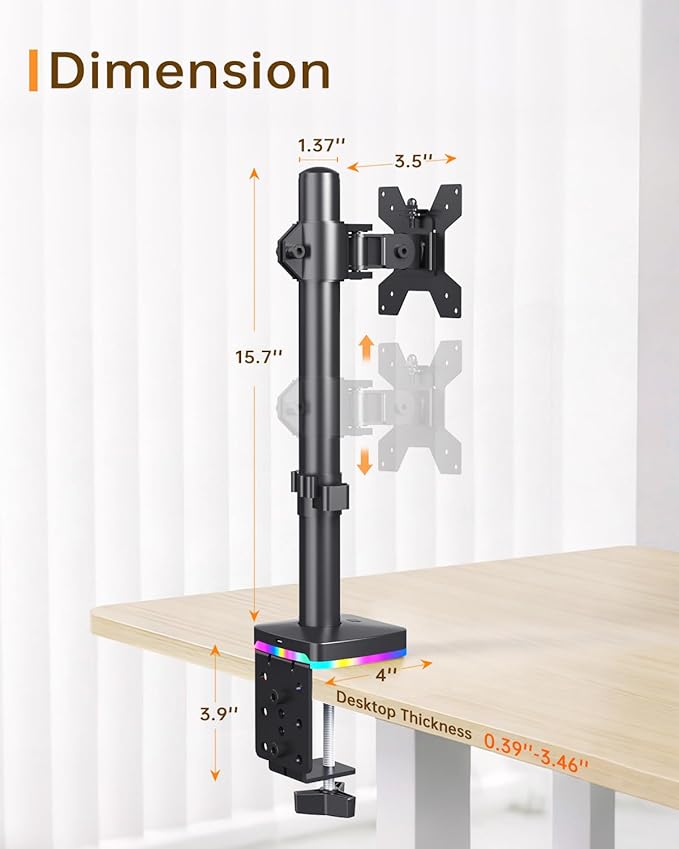 Afaloona RGB Single Monitor Desk Mount, Monitor Arm with 3 USB Ports, Charging and USB Data Transfer Function, Desk Mount for 13"-27" Monitors up to 17.6lbs, Adjustable Height, Tilt, Swivel, Rotate