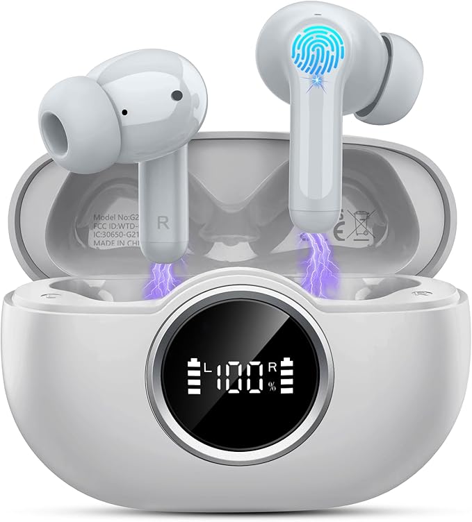 Wireless Earbuds, Bluetooth 5.4 Headphones with 4 Mic, 36Hrs USB-C in-Ear Earphones, 3.6g IP7 Waterproof for Laptop Pad Android iOS, Light Gray