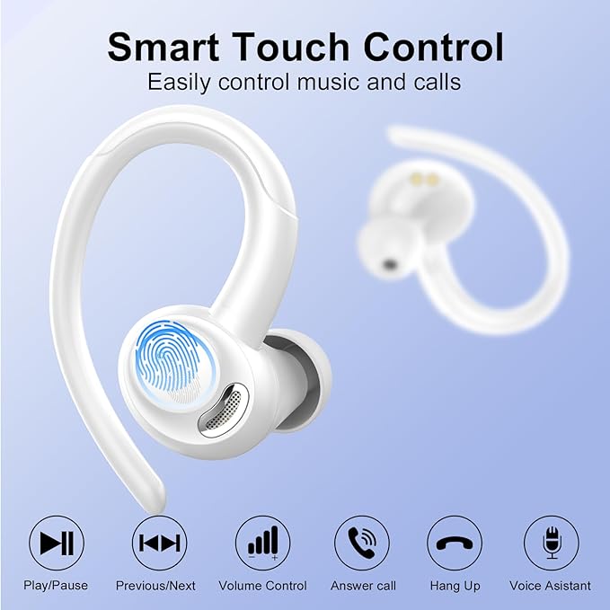 Wireless Earbuds Bluetooth 5.3 Headphones Sports, 48H Over Ear Buds with ENC Mic, Stereo Deep Bass Bluetooth Earbuds with Secure Earhooks, LED Display, IPX7 Waterproof Earphone for Running/Gym White
