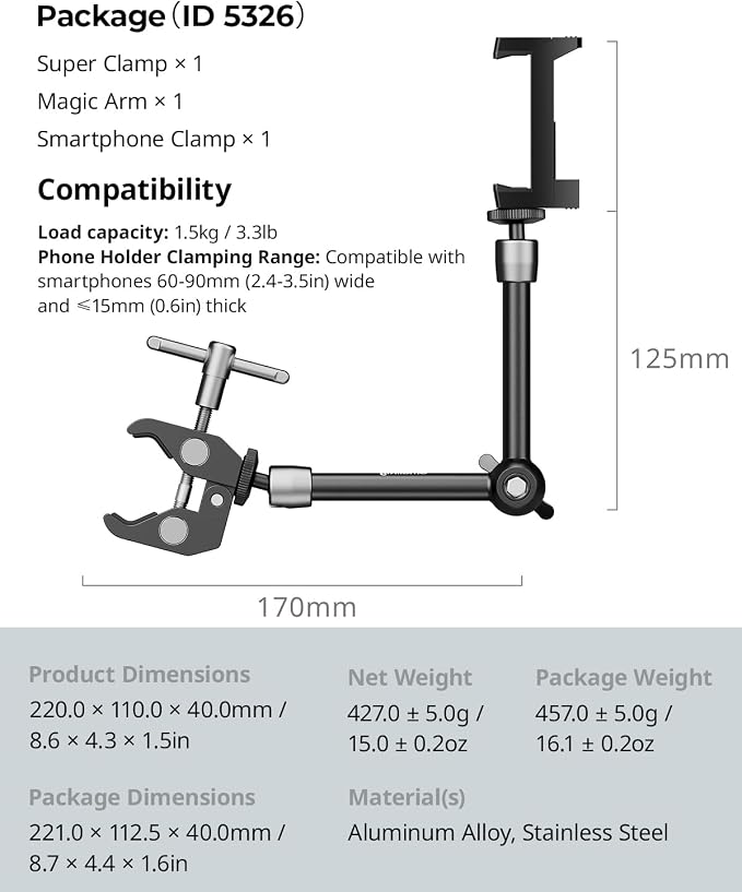 SmallRig Clamp w/ 1/4" and 3/8" Thread Holes, 9.8 Inches Adjustable Friction Power Articulating Magic Arm with Phone Holder for Action Cameras, Smartphones, LCD Monitor/LED Lights - 5326 - Image 8