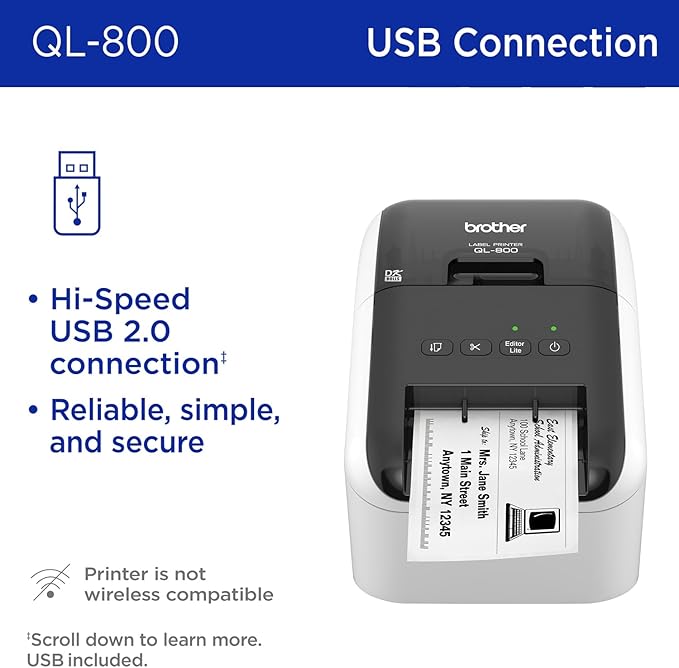 Brother QL-800 High-Speed Professional Printer, Plug & Label Feature, Genuine DK Pre-Sized, Multi-System Compatible – Black & Red Printing Available (Required USB Cable Included)