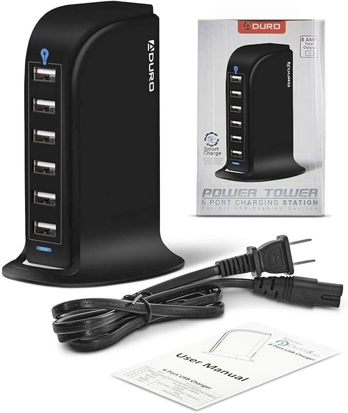 Aduro 40W 6-Port USB Desktop Charging Station Hub Wall Charger for iPhone iPad Tablets Smartphones with Smart Flow (Black)