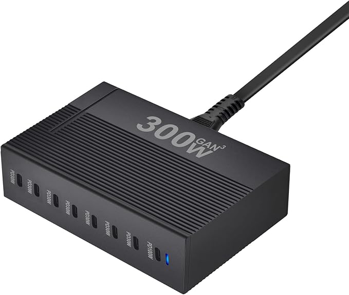 300W 8-Port GaN PD3.1 Desktop Charging Station | Intelligent Power Allocation, Ideal for Office and Home, Safely Charges Laptops, Phones, Tablets, and Watches