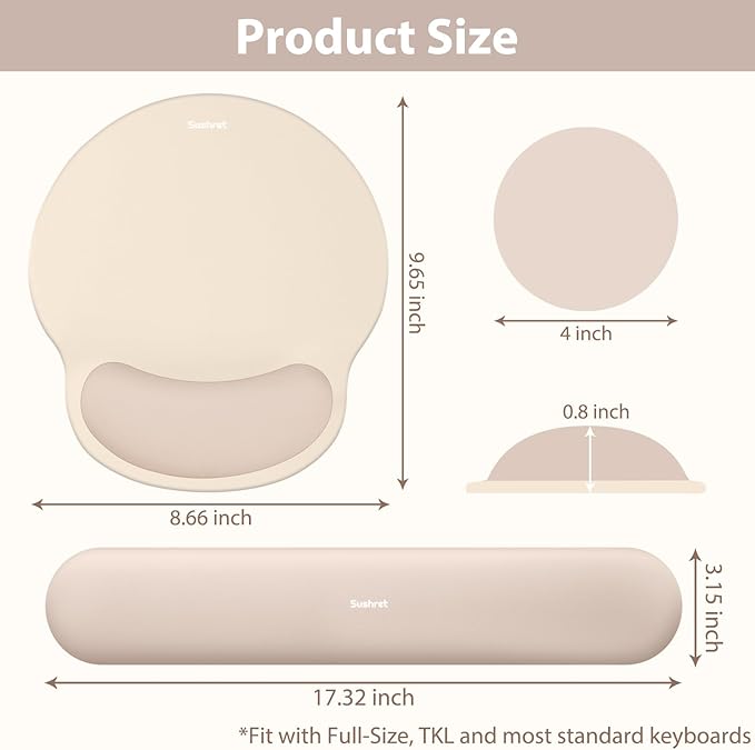 Sushret Mouse Pad and Keyboard Wrist Rest, 3-in-1 Gel Memory Foam Ergonomic Mouse Pad with Wrist Rest Set, Gaming Mousepad Arm Cushion Support for Computer Office Desk Accessories Cute Setup,Apricot