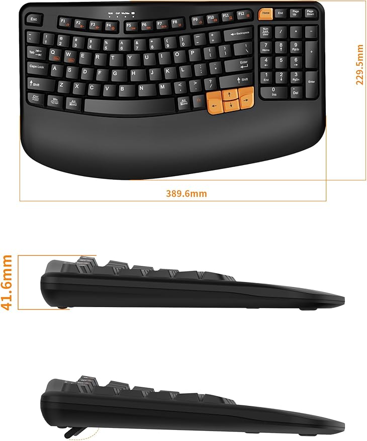 RECCAZR Ergonomic Wireless Keyboard with Wrist Rest, Wave Keys for Comfortable Natural Typing, 2.4GHz Ergo Wireless Computer Keyboard for Windows, Mac OS Laptop/PC/Notebook (Black&Orange)
