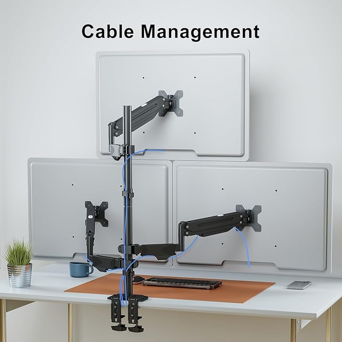 Pholiten Triple Monitor Mount, 3 Gas Spring Monitor Arms for Up to 32 inches Screens, Fully Adjustable Heavy Duty Triple Monitor Mount with Cable Management, Each Arm Holds 22 lbs