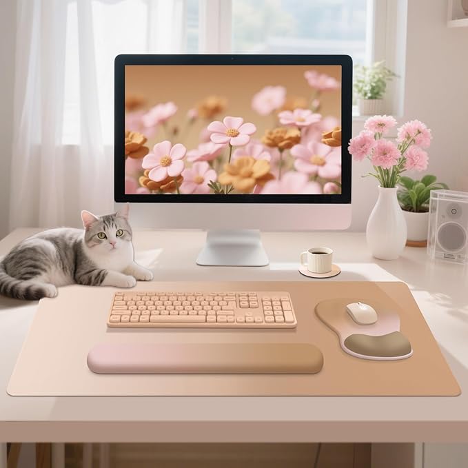 4-in-1 Large Gaming Mouse Pad, Keyboard Wrist Rest Pad & Wrist Support Mousepad Set, Extended Desk Pad Waterproof Desk Mat Protector for Home Office Decor Study Game 35.4×15.7 Inches I Milk Tea Brown