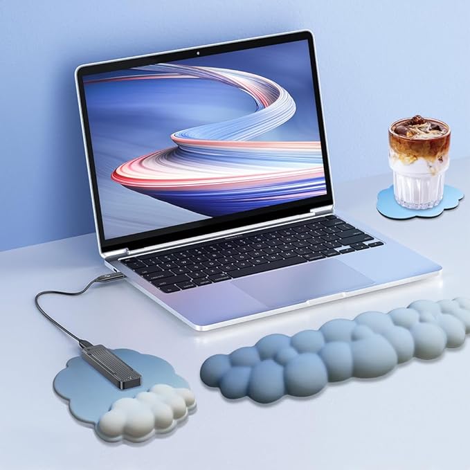 MXCOIRTP Cloud Mouse Pad Wrist Support Keyboard Wrist Rest Set, Ergonomic Cloud Arm Wrist Pad with Memory Foam, Non-Slip Base for Typing Pain Relief, Home, Office, Laptop, Gaming, Grayish Blue & White