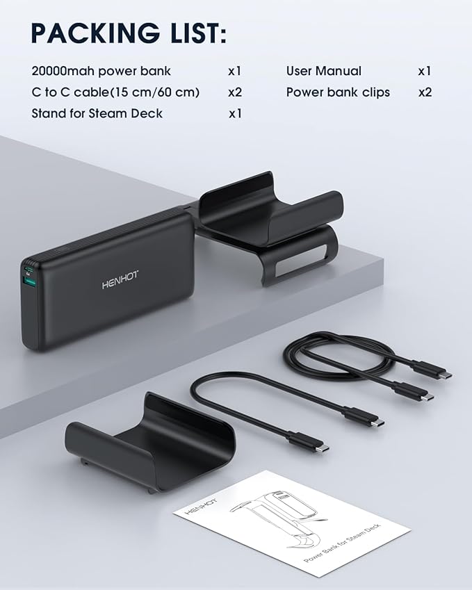 2-in-1 Steam Deck Power Bank for Steam Deck/Steam Deck OLED, 65W 20000mAh External Battery Pack, Steam Deck Accessories with Stand Dual USB C Cables, for MacBook, Dell, Lenovo, Asus