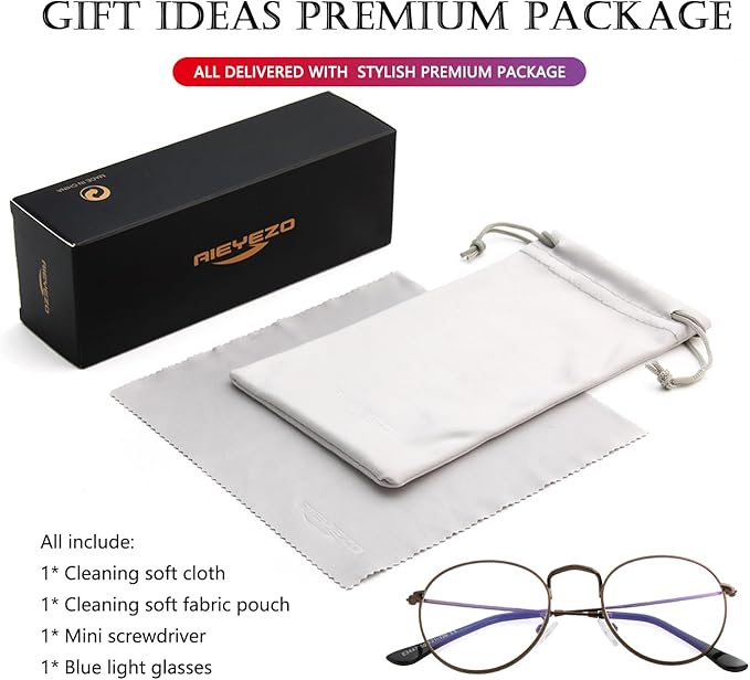 AIEYEZO Blue Light Glasses for Women Men Fashion Retro Circle Wire Frames Eyeglasses Anti-Blue Light Computer Gaming Glasses