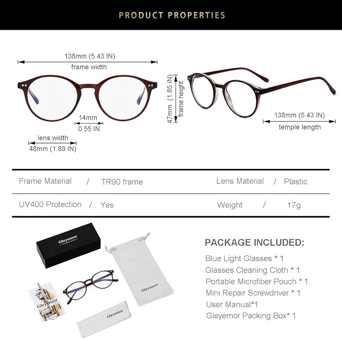 Gleyemor Blue Light Glasses for Men Women, Vintage Round Frame Computer Eyeglasses