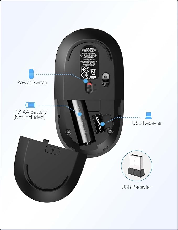 TECKNET Computer Mouse, 2.4Ghz Silent USB-A Wireless Mouse, 4800 DPI Ambidextrous Quiet Click for Travel, Slim Portable Wireless Mice Compatible with PC Laptop MacBook (Black & Grey)
