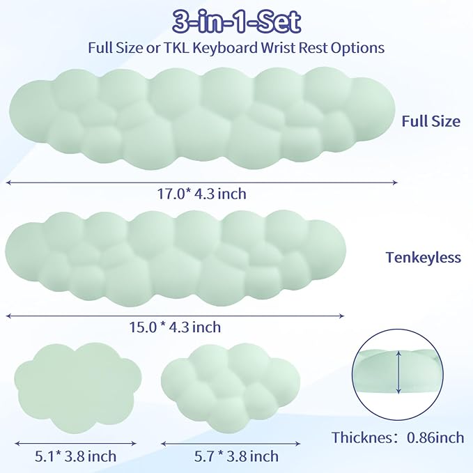 Sushret Cloud Wrist Rest Keyboard, Cloud Keyboard Wrist Pad Set with PU Leather Memory Foam, Cute Arm Rest for Palm Support, PC/Gaming Desk Accessories/Office Setup/Computer Hand Cushion - Light Green