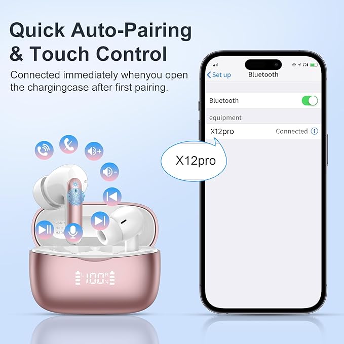 Wireless Earbuds, Bluetooth 5.3 Headphones Stereo Deep Bass with LED Display, 56H Playtime with Noise Cancelling Mic, IPX7 Waterproof in Ear Earbuds, for laptops/tablets/mobile phones/sports, Rose