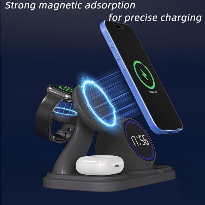 6 in 1 Wireless Charger i-Phone Charging Station: Stand for Multiple Devices for Apples - Compatible i-Phone 17 16 15 14 13 Pro Max Apples Watch Airpods, Design with Wireless Speaker & Clock (Black)