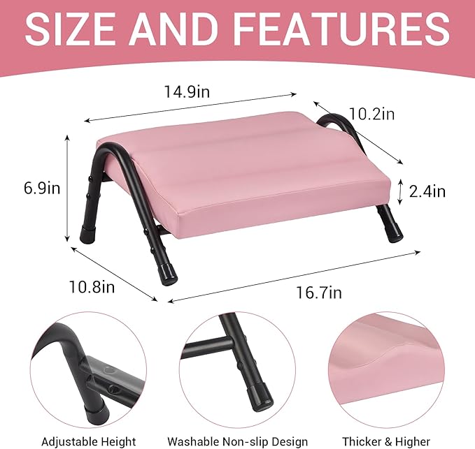 FUSLITE Foot Rest for Under Desk at Work, Ergonomic Foot Rest for Office Use, Adjustable Heights, Relieving Pain in Lower Back, Hip, Knee (Leather Pink)