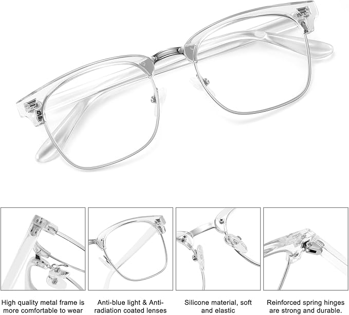 MEETSUN Blue Light Glasses Retro Half Frame Clear Lens - Anti-Eyestrain for Computer, Gaming & Phone Use | Women Men Fashion Glasses(Black Frame+Clear Frame/ 2 PACK)