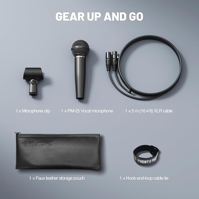 Phenyx Pro Dynamic Vocal Microphone, Cardioid Microphone with 16.4 ft XLR Cable, Mic Clip, Storage Bag, Wired Handheld Mic for Singing, Stage, Studio, Karaoke (PM-25)