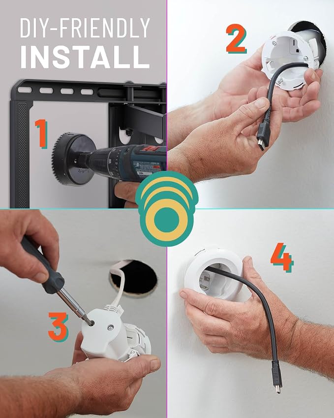 ECHOGEAR in-Wall Cable Management Kit for Power & Low Voltage Cords – Hide TV Wires Behind the Wall – Includes 3.75” Diameter x 3.25” Depth Modules, 6ft Extension Cord, Drywall Hole Saw Attachment - Image 8