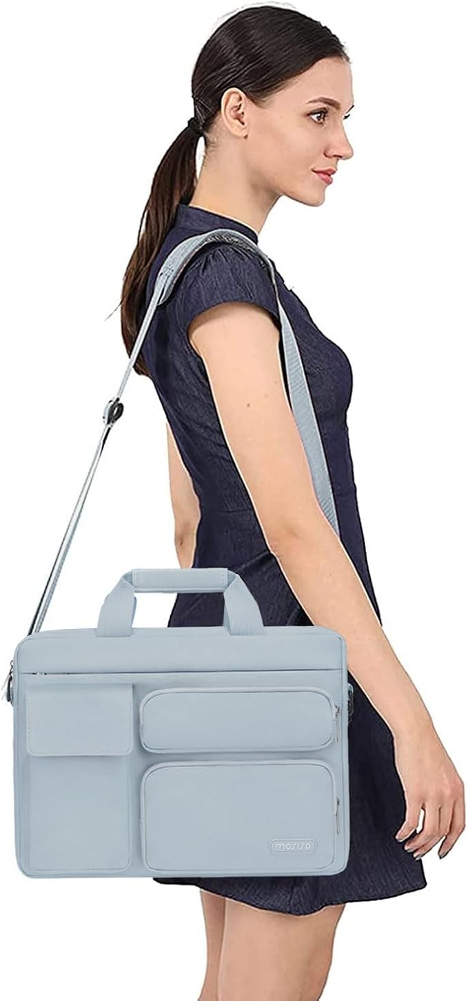 MOSISO Laptop Shoulder Bag 15.6 inch, 15-15.6 inch Computer Bag Compatible with MacBook Pro 16 inch, HP, Dell, Lenovo, Notebook with 2 Raised&1 Flapover&1 Horizontal Pocket&Handle&Belt, Baby Blue