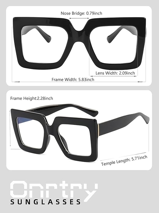 Onrtry Oversized Square Blue Light Glasses for Women Men Thick Frame Big Computer Eyewear Non-Prescription Eyeglasses
