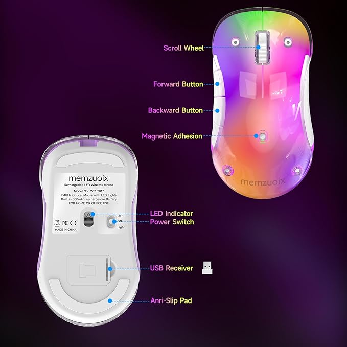 memzuoix 2.4G LED Wireless Mouse, Rechargeable Ergonomic Mouse with Detachable Cover, 1400 DPI Portable Optical Computer Mouse with USB Receiver for Laptop, PC, Desktop and MacBook, 5 Buttons-Purple