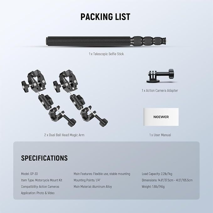 NEEWER Motorcycle Camera Mount Kit, Bicycle Handlebar Invisible Selfie Stick with Dual Ball Heads, Super Clamps, Action Camera Adapter Compatible with GoPro Insta360 DJI AKASO Action Cameras, GP-30 - Image 8