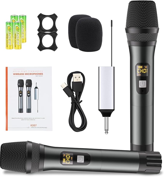 Wireless Microphone, Handheld UHF Dual Metal Cordless Dynamic Mic System with Rechargeable Receiver,200ft Range,for Karaoke, Speech, Party, Wedding, Church,Singing Machine-Auto Connect