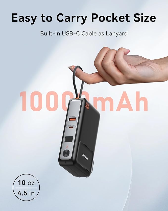 Portable Charger, 10000mAh Power Bank Built in Cable and Wall Plug 65W for Laptop, 3 in 1 Phone Battery Pack 35W Fast Charging, Travel Essentials USB-C Compatible with iPhone 17 16 15 Samsung MacBook