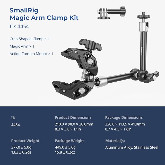 SMALLRIG Magic Arm Clamp Kit, Camera Mount Articulating Friction Arm w Super Clamp, w 1/4"-20 Screw and Thread Hole, for Camera, Light, Monitor, Webcam or Action Camera 1.5kg, for Table, Tube - Image 8