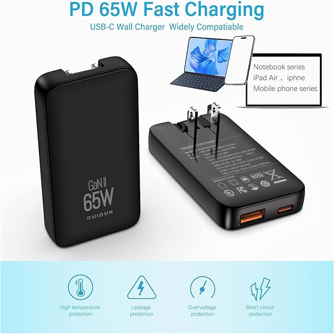 65W Slim GaN USB C Charger Block, Foladable Fast Travel Charger with UK/EU/AU 3 Plugs, 2-Port International Power Adapter for MacBook Air/Pro, iPhone 17/16/15, iPad, Galaxy S25/S24,(2026 New)
