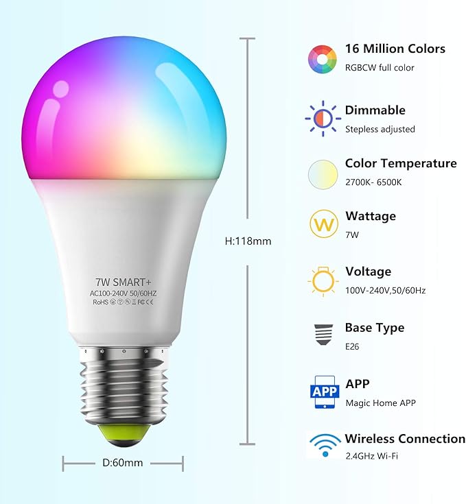 Smart Light Bulbs, WiFi & Bluetooth 5.0, Work with Alexa Google Assistant, App Control, Color Changing LED Bulb, E26 800LM Dimmable RGB Lights, Smart Home Lighting, Dimmable, 4Pack