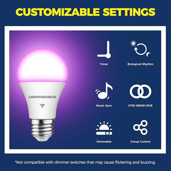 Lightinginside Smart Light Bulbs 60W Equivalent, WiFi Smart Bulb Compatible with Alexa/Google Assistant/Smart Life, A19 E26 RGBCW Color Changing, No Hub Required,2.4G WiFi, ETL Listed, 9W 800LM, 2PCS