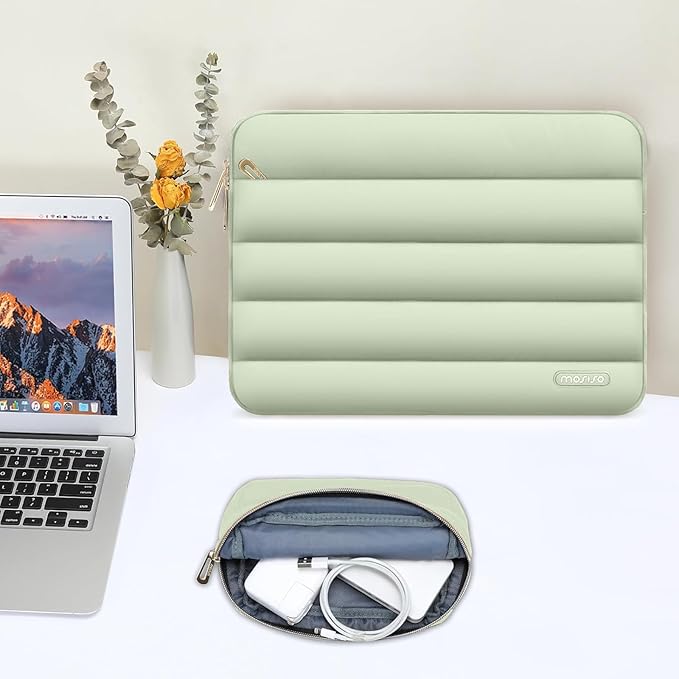 MOSISO Laptop Case 16 inch, 15-15.6 inch Puffy Laptop Sleeve Compatible with MacBook Pro 16 M5 M4 M3 M2 M1, HP Dell ASUS Acer Toshiba Lenovo, Polyester Horizontal Bag with Small Case, Sage Green